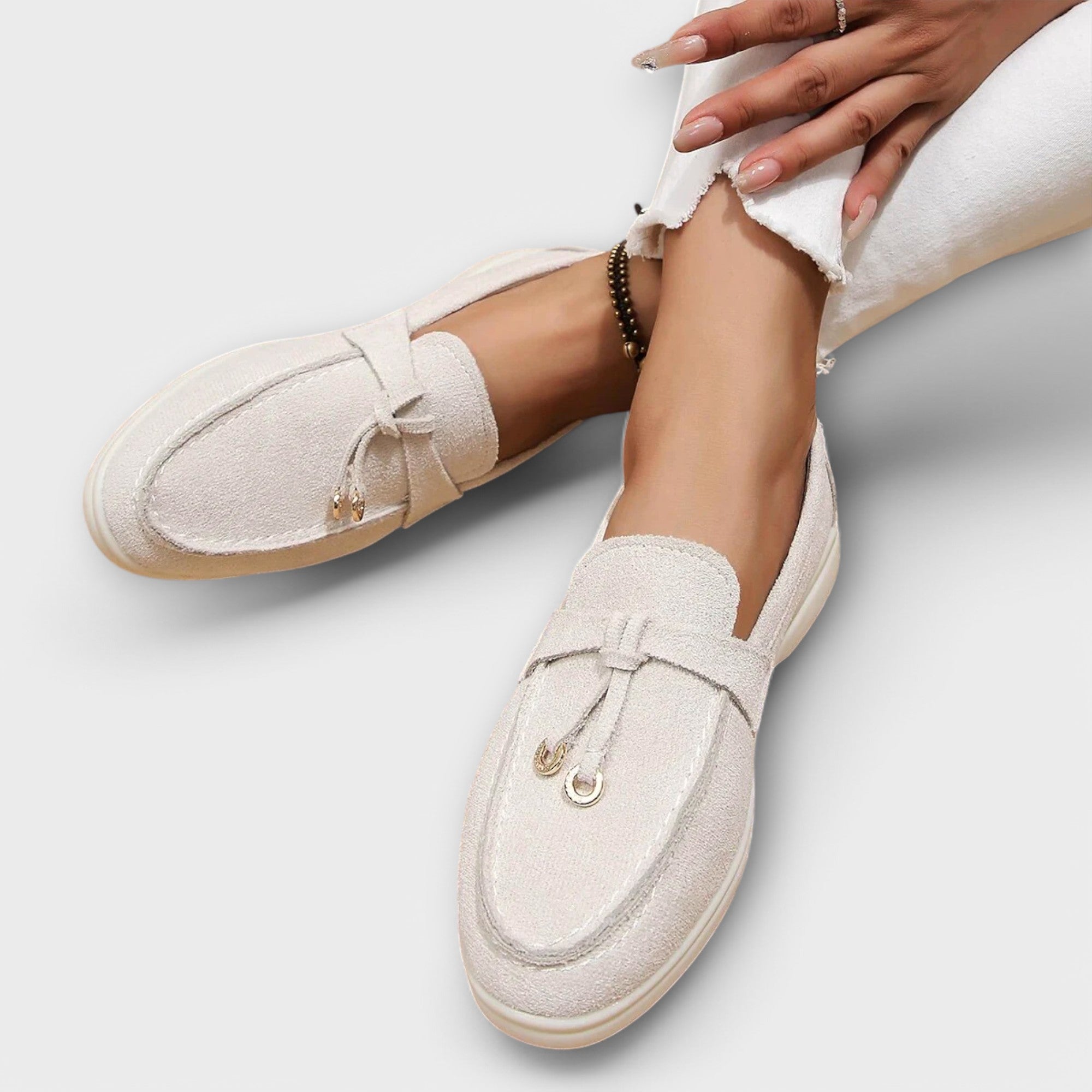 Women's Beige Moccasins with Decorative Tie
