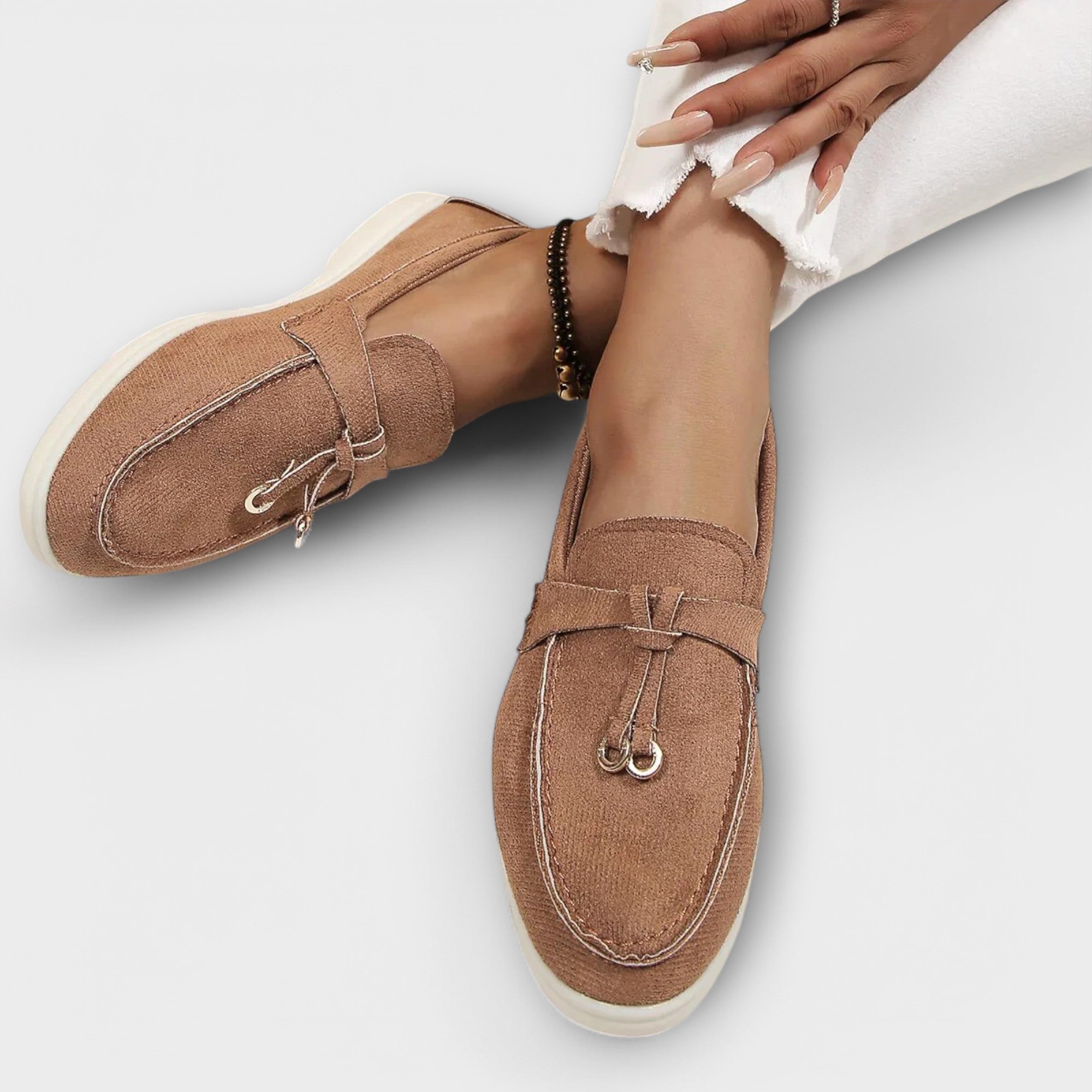 Women's Beige Moccasins with Decorative Tie